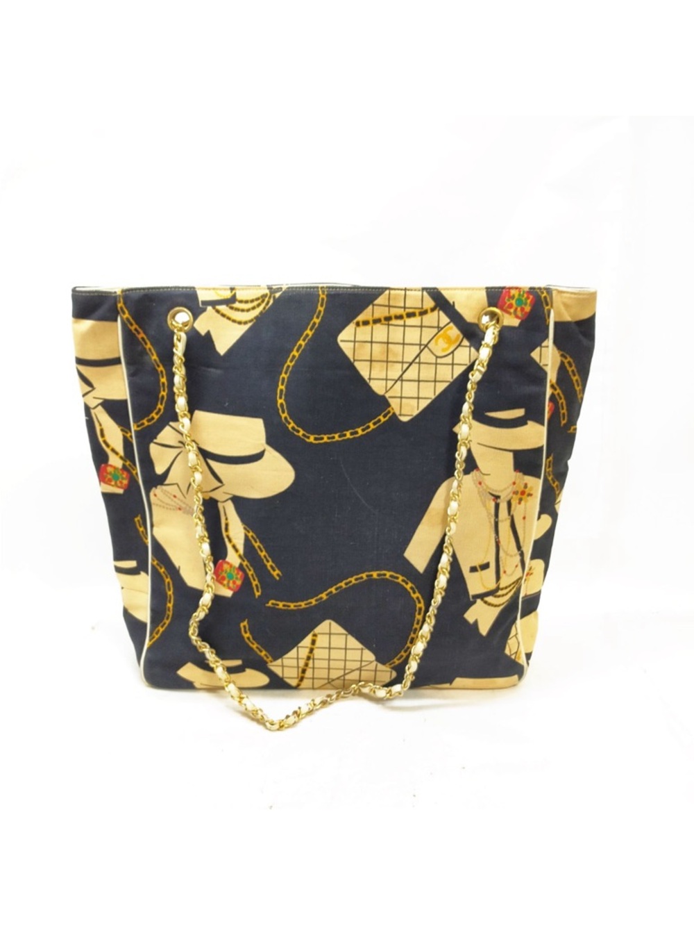 CHANEL Coco Silhouette Black and Beige Printed Chain-Handle Tote